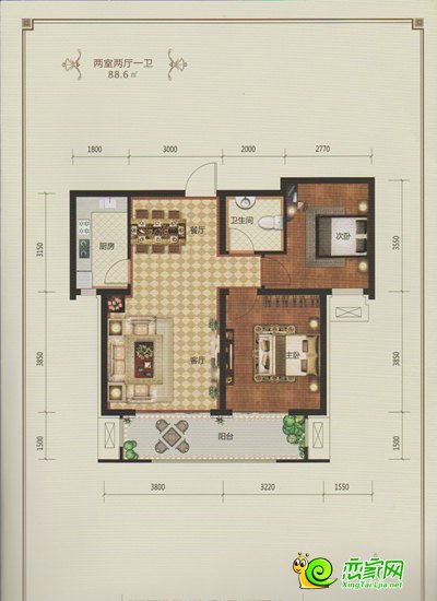 盛世中央公馆88.6平米两室两厅一卫刚需户型鉴赏